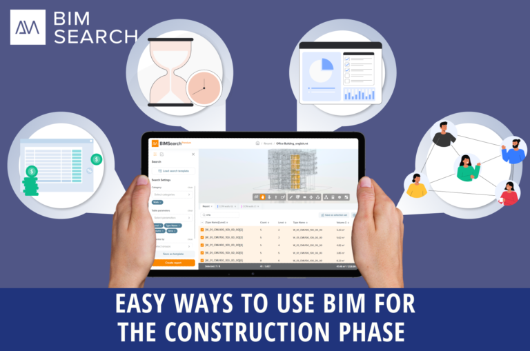 Illustration of hands holding a tablet that has BIMSearch on the screen. It is illustrating the uses of BIM for the construction phase