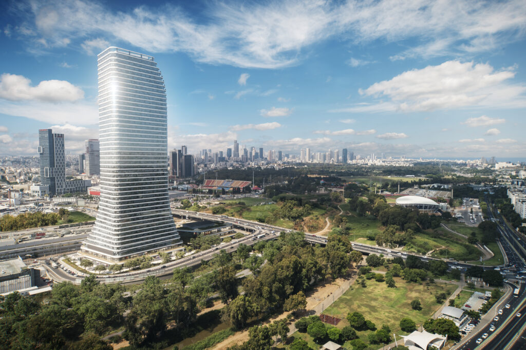 Render of the HYP project: a tall silver tower amongst a park and cityscape in the background