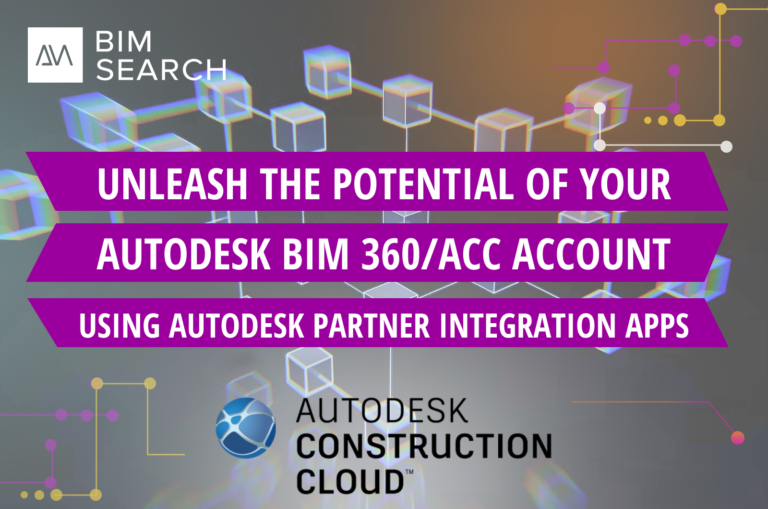 Graphic of glowing white boxes connected with lines with the text unleash the potential of your autodesk BIM 360 or ACC account using Autodesk partner integration apps